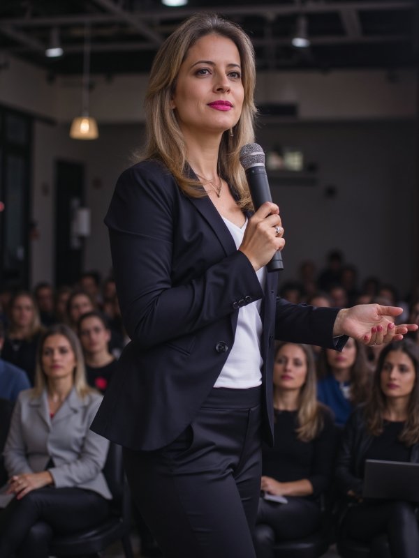 Márcia Schenatto falando ao microfone para uma plateia.